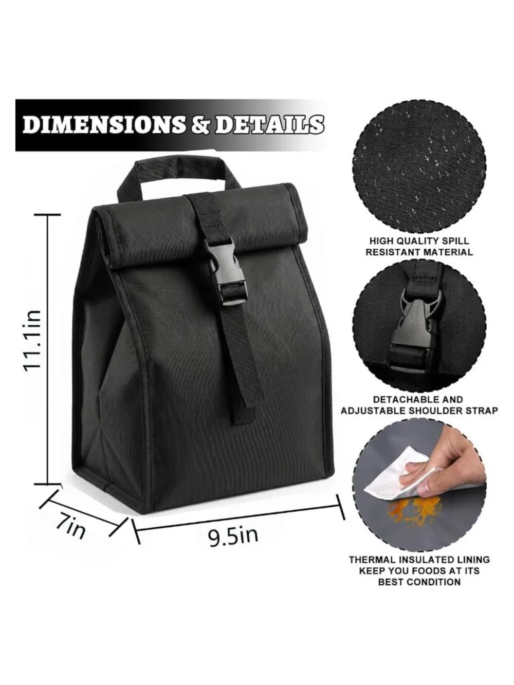 Insulated Foldable Lunch Bag Adjustable Strap Lightweight Portable Lunch Box